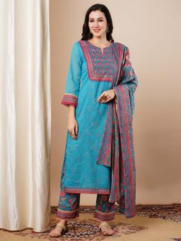FASHOR - Blue Floral Printed Straight Kurta with Pant and Dupatta (Set of 3)