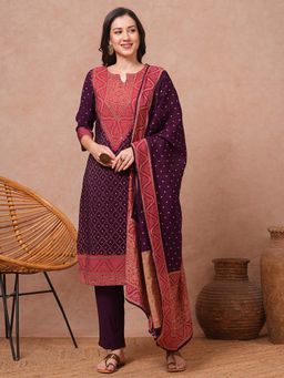 FASHOR - Purple Bandhani Printed Straight Fit Kurta with Pant and Dupatta (Set of 3)