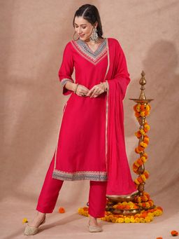 FASHOR - Pink Ethnic Embroidered Straight Kurta with Pant Dupatta (Set of 3)