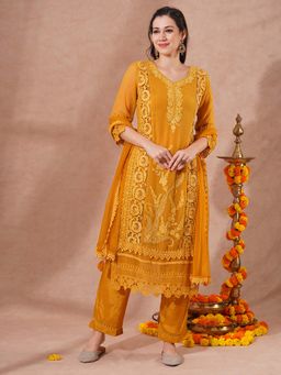FASHOR - Mustard Embroidered Straight Fit Kurta with Pant and Dupatta (Set of 3)