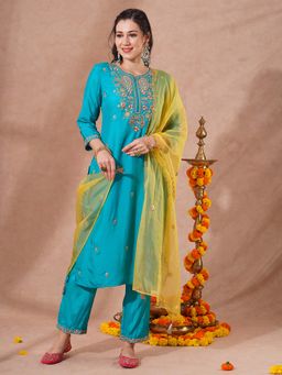 FASHOR - Turquoise Embroidered Straight Kurta with Pant and Dupatta (Set of 3)