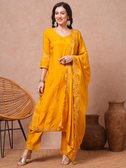 FASHOR - Yellow Floral Embroidered Straight Kurta with Pant and Dupatta (Set of 3)