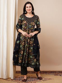 FASHOR - Black Ethnic Floral Printed Anarkali with Pant and Dupatta (Set of 3)