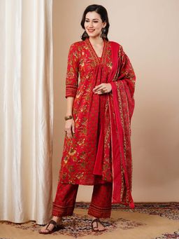 FASHOR - Red Ethnic Floral Printed Anarkali with Pant and Dupatta (Set of 3)