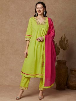 FASHOR - Green Solid Ethnic Embroidered A-Line Kurta with Pant and Dupatta (Set of 3)