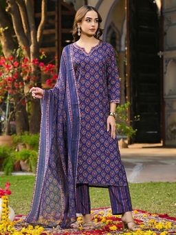 Vaamsi - Women Blue Floral Printed Straight Kurta and Pant and Dupatta (Set of 3)