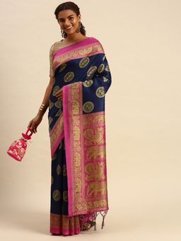 Sangam Prints - Navy Blue Art Silk Printed Traditional Saree with Unstitched Blouse