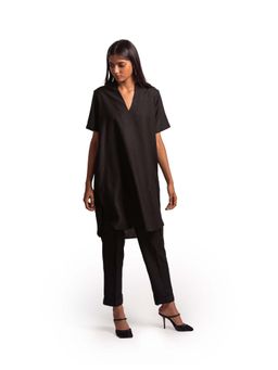 THISISDEHI - Women Black Linen Blend Mandarin Neck Kurta with Pant