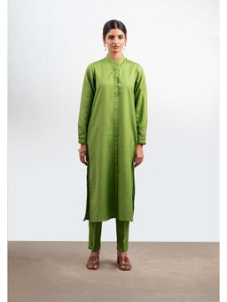 THISISDEHI - Women Green Linen Blend Mandarin Neck Kurta with Pant