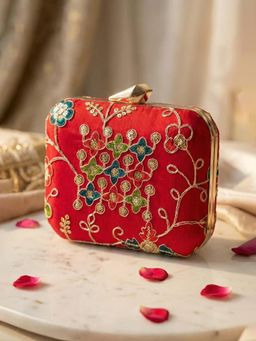 ARTKLIM - Luxury Red Gold Thread Embroidered Clutch with Detachable Strap