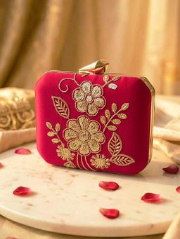 ARTKLIM - Elegant Gold Thread Floral Embroidered Clutch with Detachable Strap