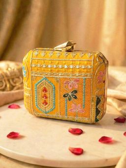 ARTKLIM - Royal Mustard Floral Embroidered Clutch with Detachable Strap