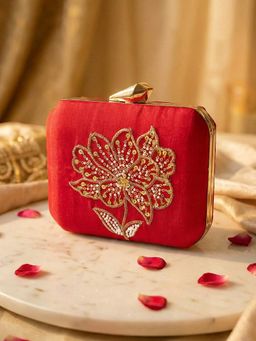 ARTKLIM - Classic Red Floral Embroidered Clutch with Detachable Strap
