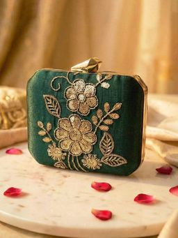 ARTKLIM - Luxury Green Gold Thread Floral Clutch with Detachable Strap