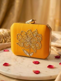 ARTKLIM - Classic Yellow Floral Embroidered Clutch with Detachable Strap