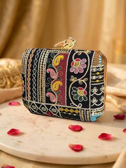ARTKLIM - Black Multi-Color Floral Embroidered Clutch with Detachable Strap