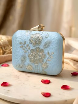 ARTKLIM - Elegant Sky Blue Gold Thread Embroidered Clutch with Detachable Strap
