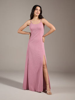 Twenty Dresses by Nykaa Fashion - Pink Solid Strappy High Slit Maxi Gown