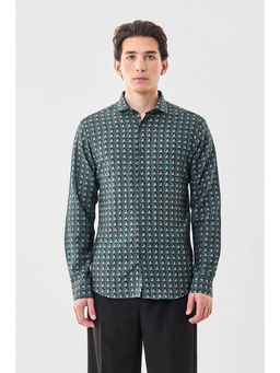 Snitch - Mens Dark Green Printed Full Sleeves Slim Casual Shirt