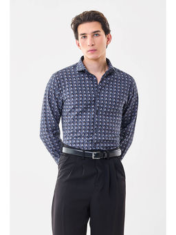 Snitch - Mens Navy Blue Printed Full Sleeves Slim Casual Shirt