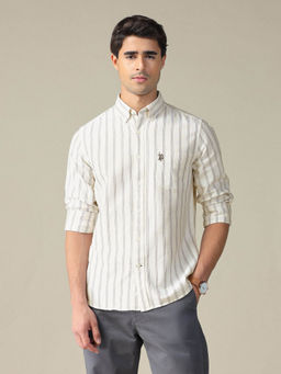 U.S. POLO ASSN. - Men Beige Vertical Striped Full Sleeves Shirt
