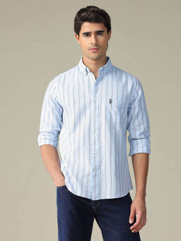 U.S. POLO ASSN. - Men Blue Vertical Striped Full Sleeves Shirt