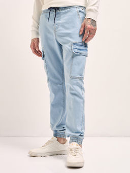 The Bear House - Blue Solid Slim Fit Joggers