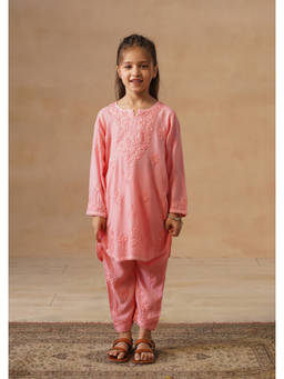 House of Chikankari - Girl's Pink Rayon Chikankari Kurta with Pant