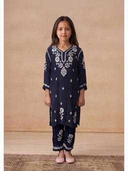 House of Chikankari - Girl's Navy Blue Muslin Chikankari Kurta with Pant