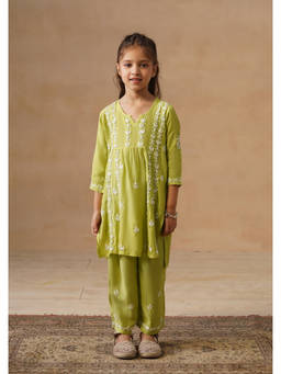 House of Chikankari - Girl's Green Muslin Chikankari Kurta with Pant