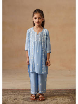 House of Chikankari - Girl's Blue Muslin Chikankari Kurta with Pant