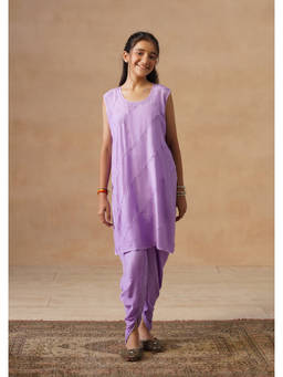 House of Chikankari - Girl's Purple Muslin Chikankari Kurta with Dhoti