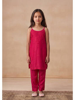 House of Chikankari - Girl's Magenta Muslin Chikankari Kurta with Pant