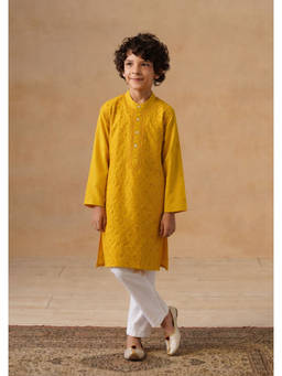 House of Chikankari - Boy'S Mustard Cotton Chikankari Kurta with Pant