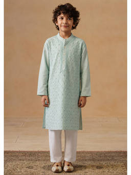 House of Chikankari - Boy'S Sage Green Cotton Chikankari Kurta with Pant