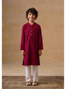 House of Chikankari - Boy'S Wine Cotton Chikankari Kurta with Pant