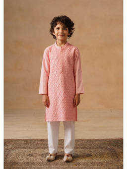 House of Chikankari - Boy'S Pink Cotton Chikankari Kurta with Pant