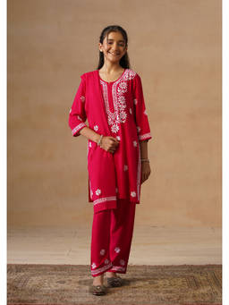 House of Chikankari - Girl's Magenta Rayon Chikankari Kurta with Pant and Dupatta