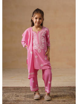House of Chikankari - Girl's Pink Rayon Chikankari Kurta with Pant and Dupatta