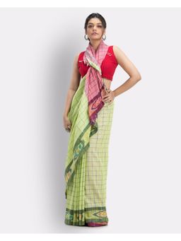 Angoshobha - Lime Handloom Bengal Cotton Saree with Unstitched