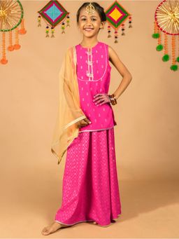 Kasya - Pink Viscose Printed Straight Kurta and Skirt with Dupatta (Set of 3)