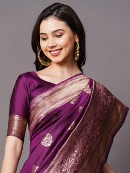Akhilam - Wine Festive Silk Blend Woven Design Saree with Unstitched
