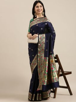 Sangam Prints - Navy Blue Silk Woven Rich Pallu Work Traditional Saree with Unstitched Blouse
