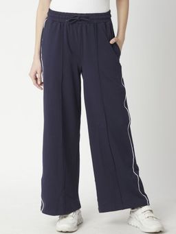 R&B - Women Navy Blue Solid Wide Fit Mid Waist Pant