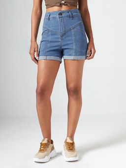 DOLCE CRUDO - Women's Blue Relaxed-Fit High-Rise Stretchable Blue Denim Shorts