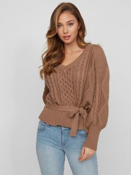 Guess - Women Brown Self Design V Neck Sweater With Belt