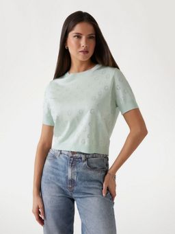 Guess - Women Green Embellished Round Neck Sweater