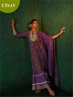 Likha - Purple Bandhani Printed Kurta, Sharara & Dupatta(Set of 3)