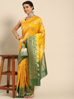 Odette - Yellow Silk Blend Woven Saree with Unstitched Blouse