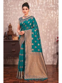 EXCLUSIVA - Sea Green Cotton Silk Saree with Unstitched
